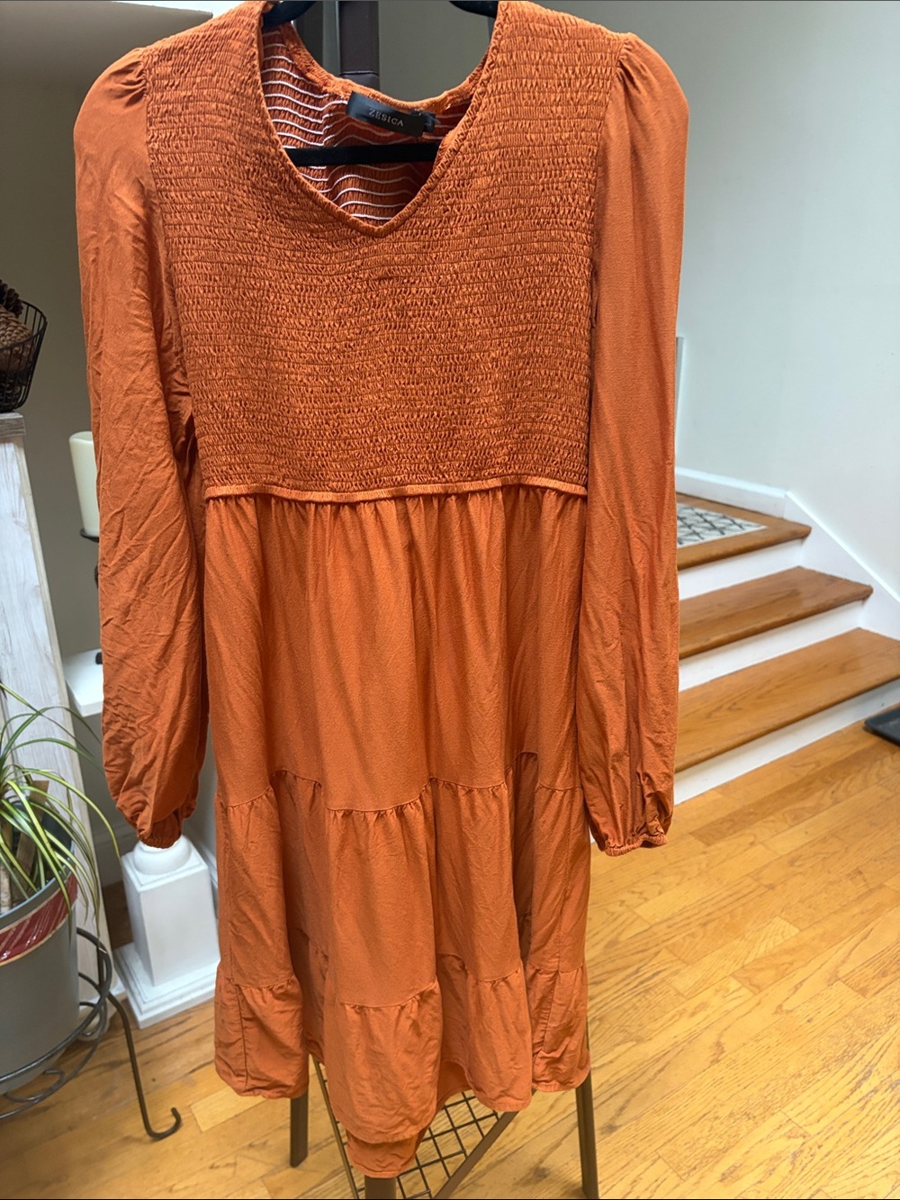 Zesica Rust Orange Long-Sleeve Smocked Tiered Dress Size L